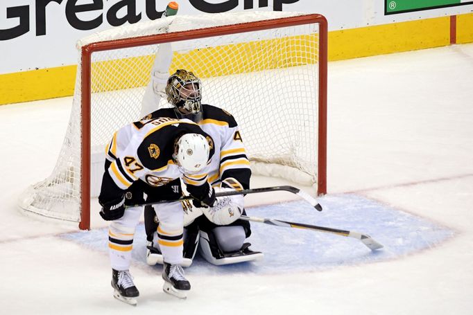 Aug 31, 2020; Toronto, Ontario, CAN; Boston Bruins defenseman Torey Krug (left) and goaltender Jaroslav Halak (41) react after their loss to the Tampa Bay Lightning in th