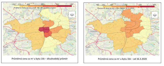Mapy ukazují jak se za dva poslední týdny na realitních portálech změnila nájemní cena nejmenších bytů v Praze.
