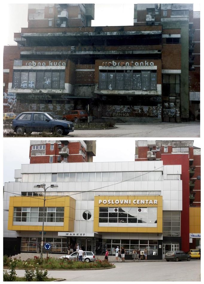 A combination of pictures show the scene of a business center in the year 1997 (at top) and in 2012 (at bottom) after the Srebrenica massacre in Srebrenica. During the war, Bosnian Serb forces commanded by General Ratko Mladic killed up to 8000 Muslim men and boys in the Srebrenica area. Bosnian Serb army commander Mladic, who personally witnessed the capture of Srebrenica, was arrested in Serbia in May 2011 after 16 years on the run. He is accused of genocide for orchestrating the massacre and for his role in the siege of Bosnia's capital Sarajevo. Some 520 recently discovered Bosnian Muslim victims' remains from the Srebrenica massacre will be buried on July 11 at the Memorial center in Potocari. The International Commission for Missing Persons has so far identified more than 7,000 Srebrenica victims. REUTERS/Staff (BOSNIA AND HERZEGOVINA - Tags: CITYSPACE CIVIL UNREST CRIME LAW CONFLICT) Published: Čec. 9, 2012, 5:12 odp.