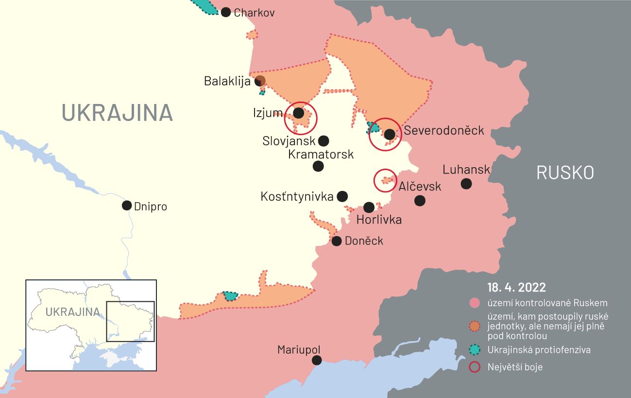 18. březen 2022: Mapa bojů na Ukrajině