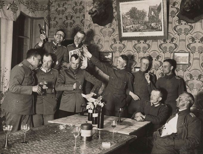 German officers of Flieger Abteilung 280 have a party at a house where they are stationed near the Western Front, in this 1918 handout picture.