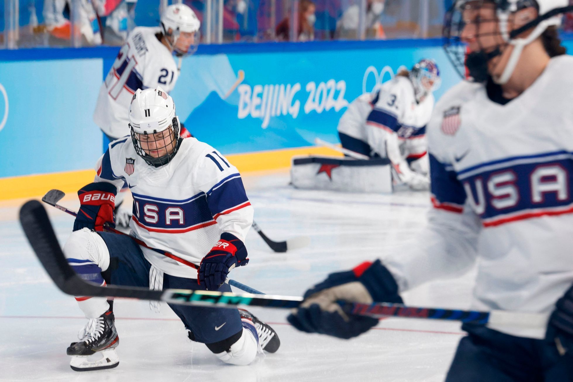 Hokejistky USA před finálovým utkáním na ZOH 2022.