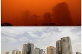 Panorama výškových budov v Sydney v 6:30 a 12:45.
