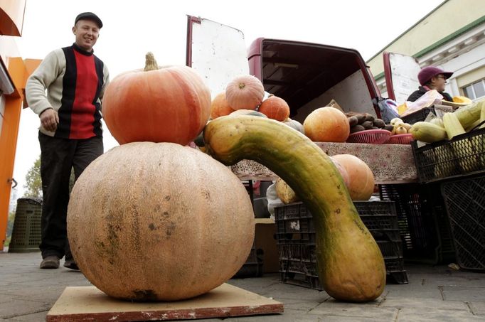 A man waits for customers during an autumn fair at a street food market in Minsk October 13, 2012. REUTERS/Vasily Fedosenko(BELARUS - Tags: AGRICULTURE SOCIETY FOOD BUSINESS) Published: Říj. 13, 2012, 10:42 dop.