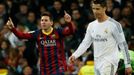 Barcelona's Lionel Messi celebrates a goal next to Real Madrid's Cristiano Ronaldo during La Liga's second 'Clasico' soccer match of the season in Madrid