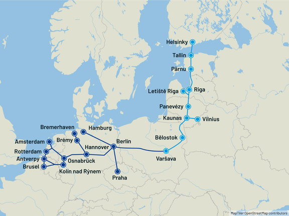 Mapa vznikající železniční tratě Rail Baltica včetně potenciálních napojení na různá evropská města.