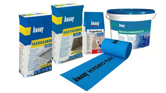 Pro lepení sanitárních obkladů a dlažby je výhodné použít lepidla a spárovací malty splňující nejvyšší nároky pro zatížení: Knauf Flexkleber, Easykleber a Fugenbunt.