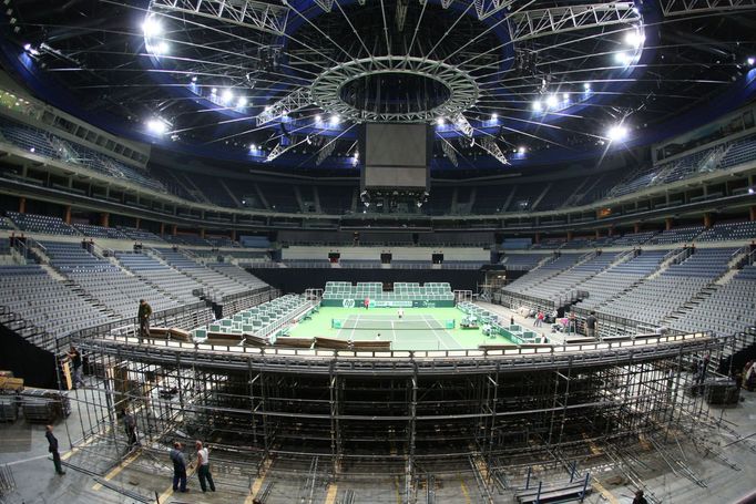 O2 aréna během tréninku českých tenistů před finále Davis Cupu 2012.