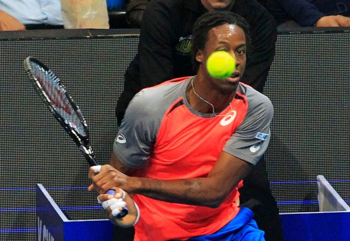 Gael Monfils of the Indian Aces team competes during a men's single match against Andy Murray of the Manila Mavericks team at the International Premier Tennis League in M