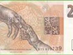 Rubová strana platné bankovky. Oproti už neplatnému vzoru z roku 1993 má vpravo dole grafické logo (na lícní straně pak letopočet 1995 nebo vyšší)