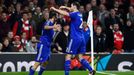 Diego Costa celebrates with Branislav Ivanovic after scoring the first goal for Chelsea