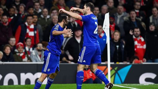 Diego Costa celebrates with Branislav Ivanovic after scoring the first goal for Chelsea