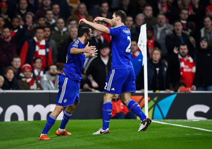 Diego Costa celebrates with Branislav Ivanovic after scoring the first goal for Chelsea