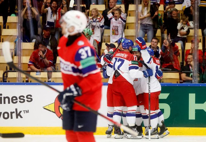 Češi slaví gól v zápase MS 2025 Česko - Norsko