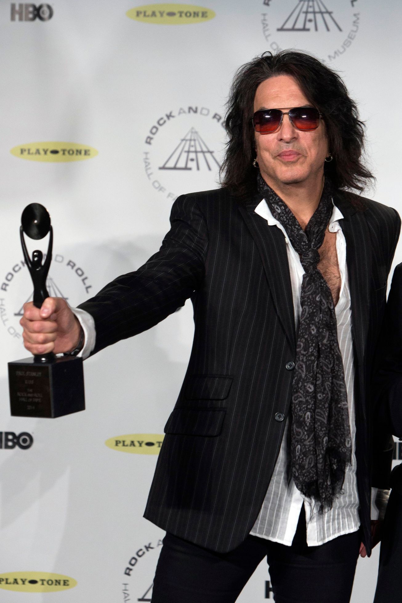 Musician Stanley of rock band Kiss poses for pictures after being inducted at 29th annual Rock and Roll Hall of Fame Induction Ceremony in Brooklyn, New York