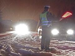 Policista odklání vozidla na uzavřeném nájezdu na 112. kilometru dálnice D1 u Jihlavy,. Dálnice byla v tomto úseku v důsledku prudkého a vydatného sněžení uzavřena v obou směrech mezi 64 a 119 kilometrem.