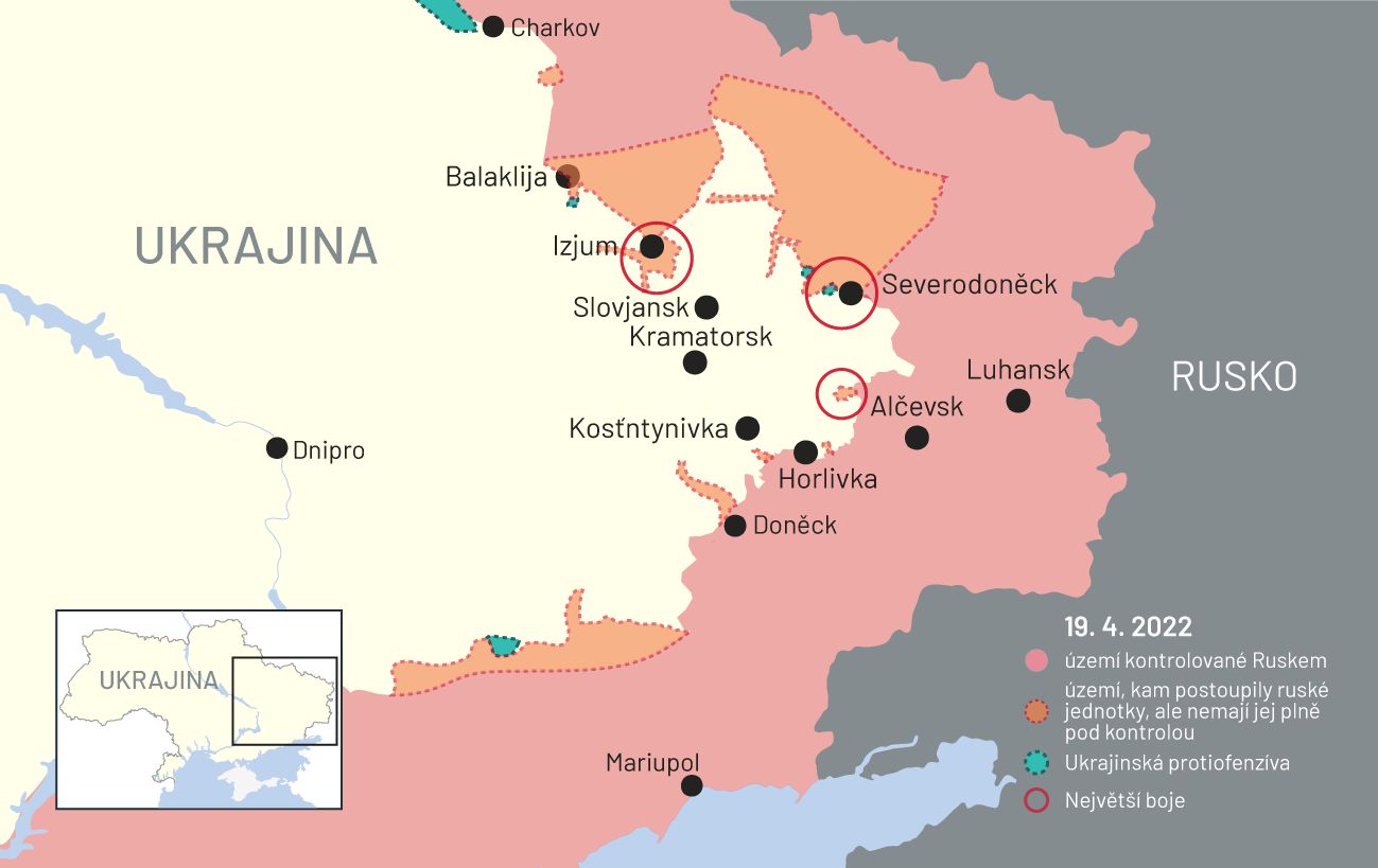 19. březen 2022: Mapa bojů na Ukrajině