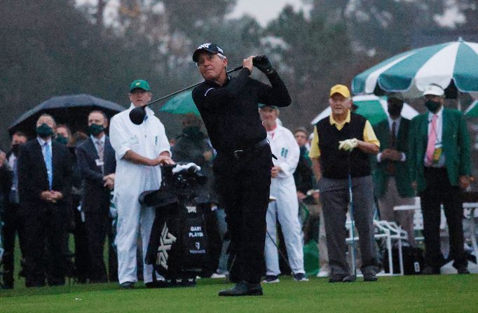 Golf - The Masters - Augusta National Golf Club - Augusta, Georgia, U.S. - November 12, 2020 Honorary starter Gary Player during the ceremonial tee shot as Jack Nicklaus