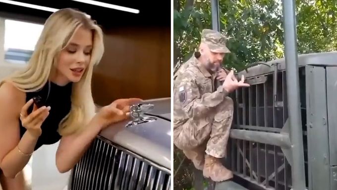 Ukrajinci parodují pohyby modelky u terénních vojenských vozidel.