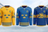 ŠVÉDSKO. Švédské trikoty s tradičními třemi korunkami nijak nevybočují z normálu, Seveřané se s nimi často umisťují na předních pozicích módních hokejových žebříčků. Vikingskou loď z třetího dresu mají Švédové v logu hokejového svazu, na dresu by byla velkým oživením.