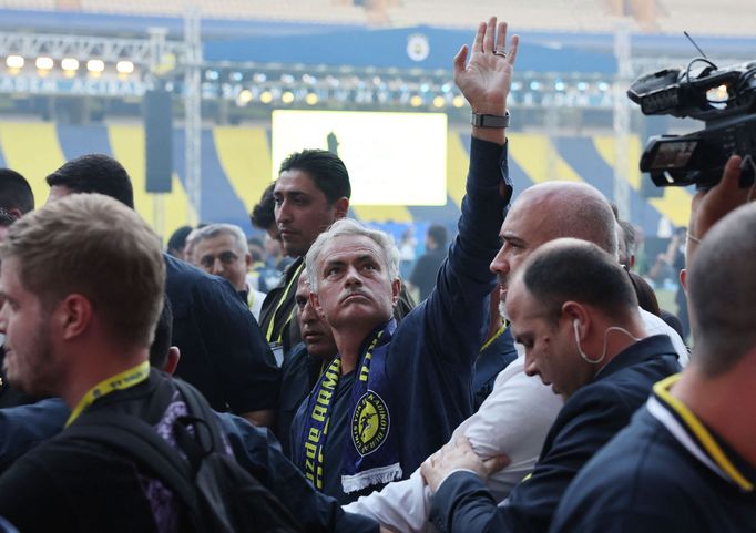 Soccer Football - Fenerbahce appoint Jose Mourinho as coach - Sukru Saracoglu Stadium, Istanbul, Turkey - June 2, 2024 New Fenerbahce coach Jose Mourinho reacts during th