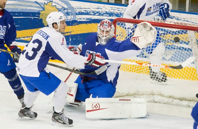 David Clarkson se marně snaží překonat brankáře Jonase Gustavssona, teď ale puk vyráží pryč.