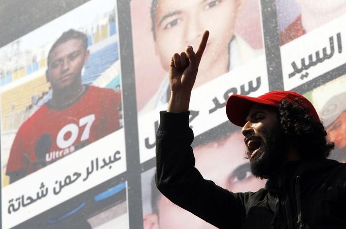 Leader of Al-Ahly fans shouts slogans after hearing final verdict of Port Said massacre in Cairo