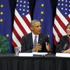 Obama is flanked by Naneng and Bahnke as he participates in a roundtable with Alaska natives before delivering remarks to the GLACIER Conference at the Dena'ina Civic and Convention Center in Anchorag