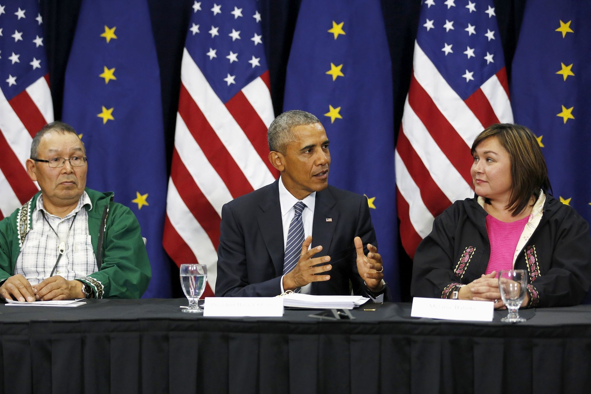 Obama is flanked by Naneng and Bahnke as he participates in a roundtable with Alaska natives before delivering remarks to the GLACIER Conference at the Dena'ina Civic and Convention Center in Anchorag