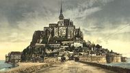 Francouzský ostrov Mont-Saint-Michel na fotografii z přelomu 19. a 20. století.