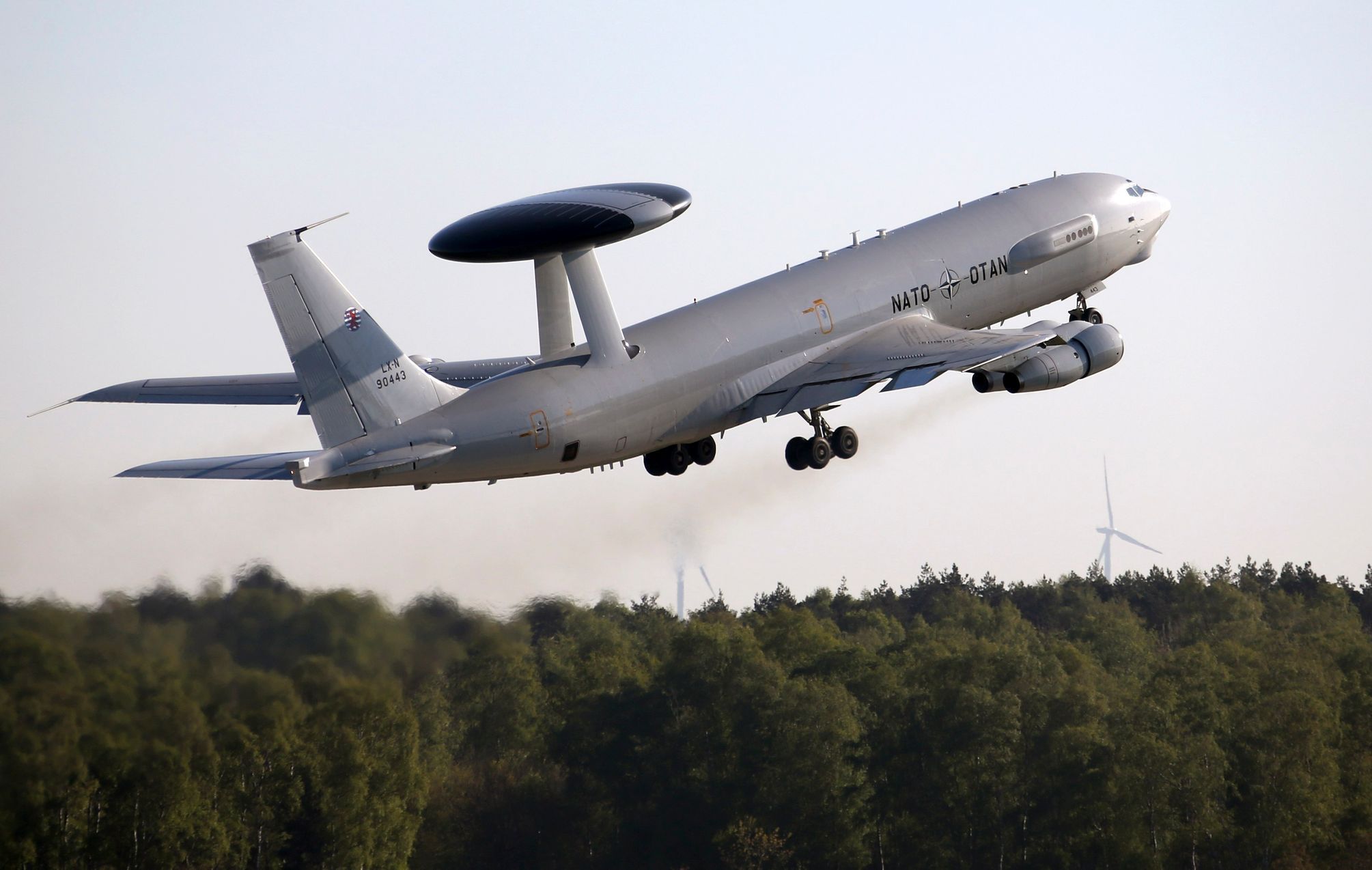 A NATO AWACS aircraft takes-off for training mission from the AWACS air base in Geilenkirchen near the German-Dutch border