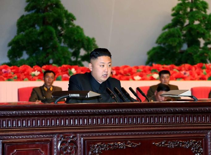 North Korean leader Kim Jong-un speaks during a meeting of information workers of the whole army at the April 25 House of Culture in Pyongyang March 28, 2013, in this picture released by the North's official KCNA news agency on March 29, 2013. North Korea put its rocket units on standby on Friday to attack U.S. military bases in South Korea and the Pacific, after the United States flew two nuclear-capable stealth bombers over the Korean peninsula in a rare show of force.