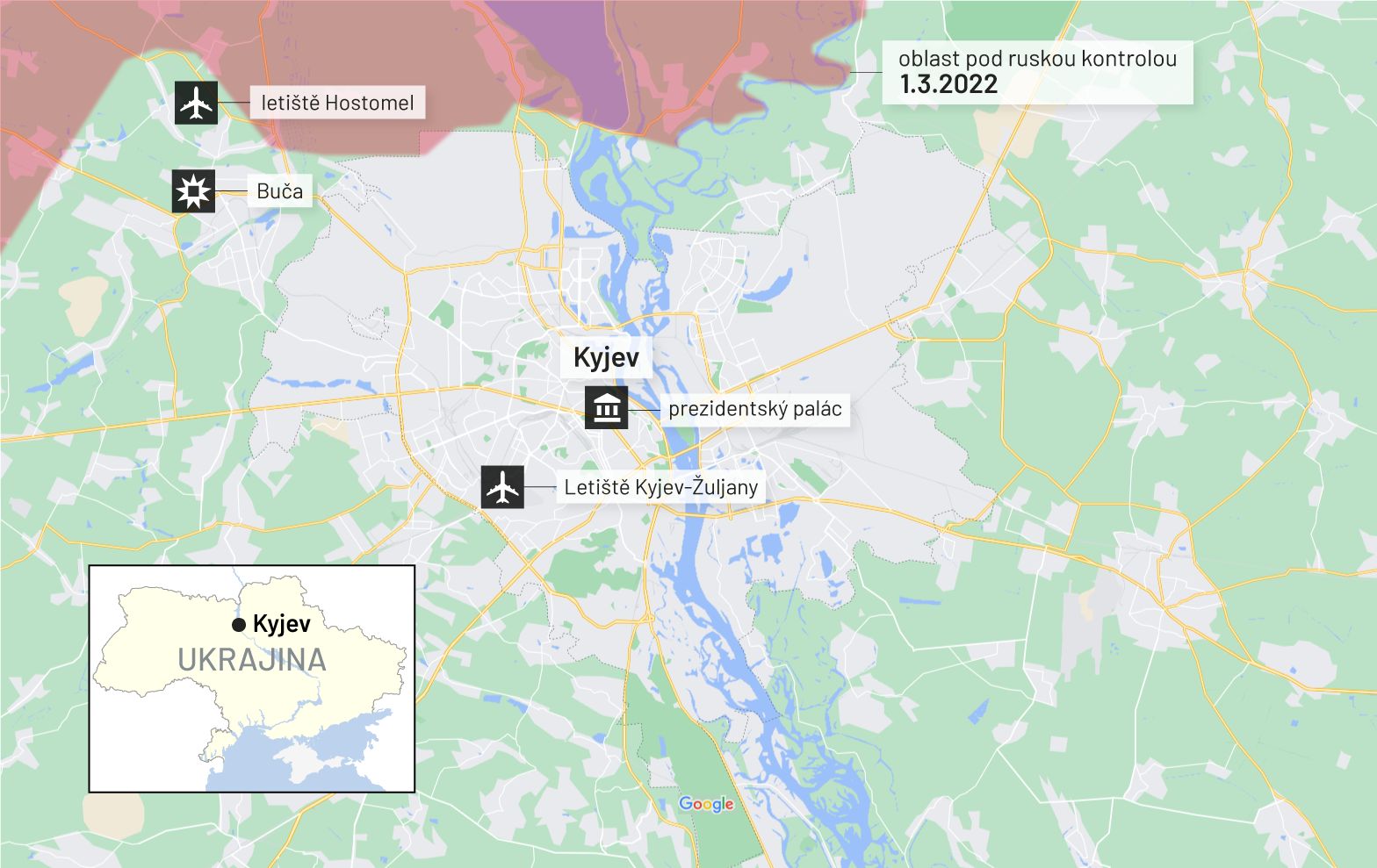 1. březen 2022: Mapa bojů na Ukrajině