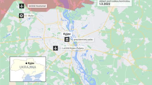 Mapa Kyjeva a okolí se zaznačeným územím pod kontrolou Ruska.