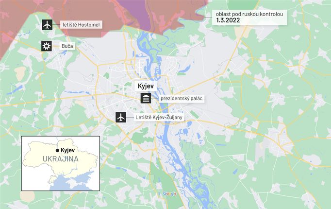 Mapa Kyjeva a okolí se zaznačeným územím pod kontrolou Ruska.