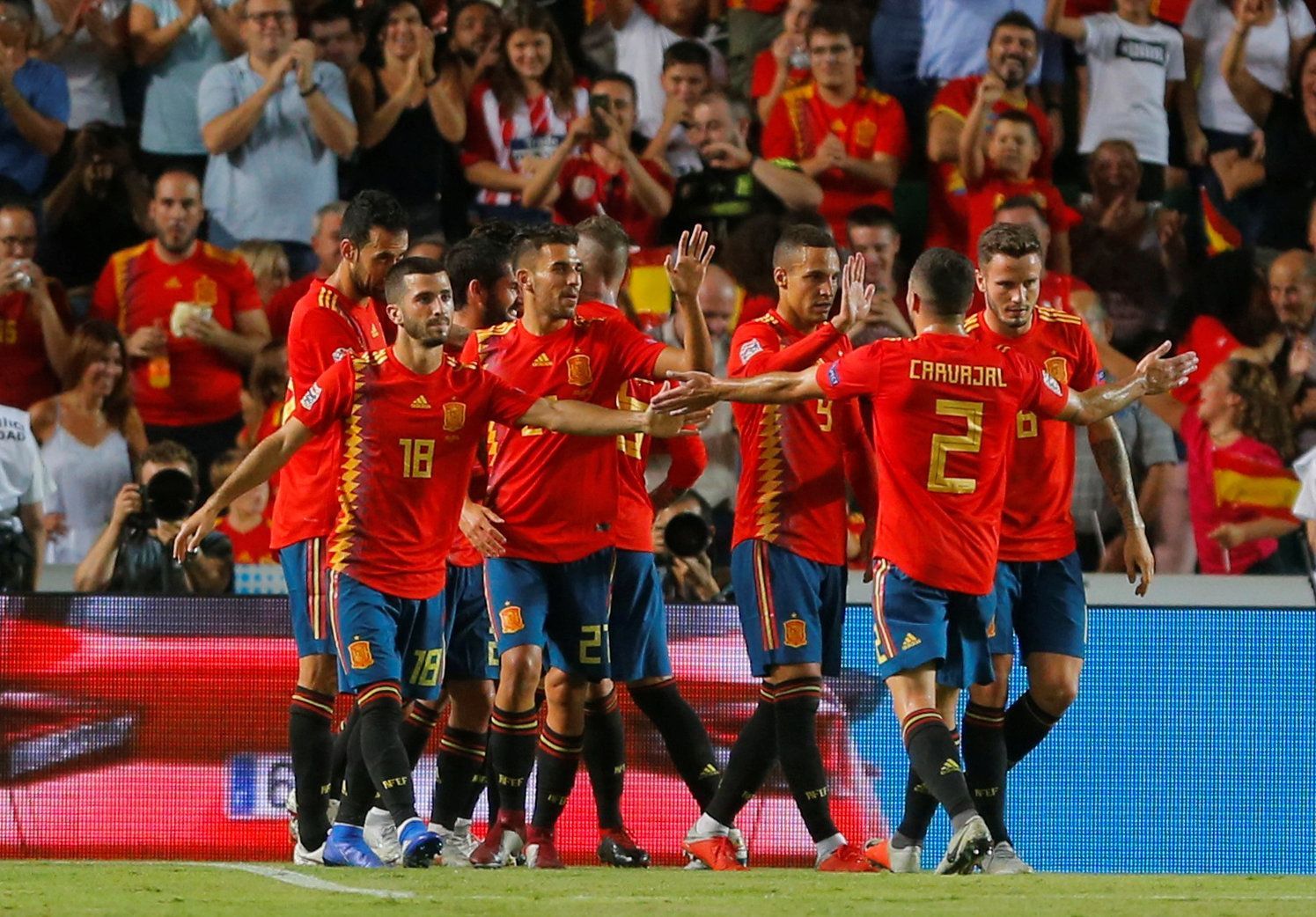 Liga národů 2018, Španělsko - Chorvatsko: Radost Španělů po gólu
