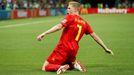 Kevin de Bruyne slaví gól v zápase Brazílie - Belgie na MS 2018