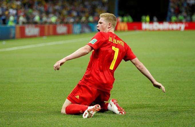 Kevin de Bruyne slaví gól v zápase Brazílie - Belgie na MS 2018