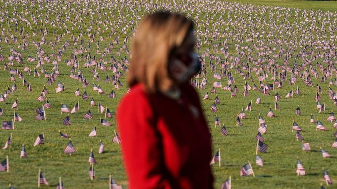 Za každých deset lidí vlajka. Dobrovolnické sdružení zapíchalo tento týden na washingtonském Mallu 20 tisíc vlaječek na památku 200 tisíc obětí pandemie.
