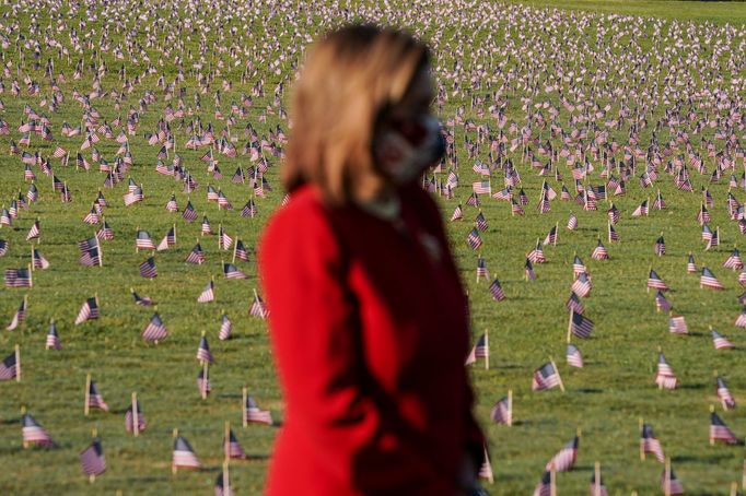 Za každých deset lidí vlajka. Dobrovolnické sdružení zapíchalo tento týden na washingtonském Mallu 20 tisíc vlaječek na památku 200 tisíc obětí pandemie.