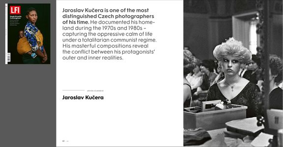 Obálka časopisu Leca Fotografie International 5/2023 (malá vlevo) a úvodní dvoustrana textu o Jaroslavu Kučerovi.