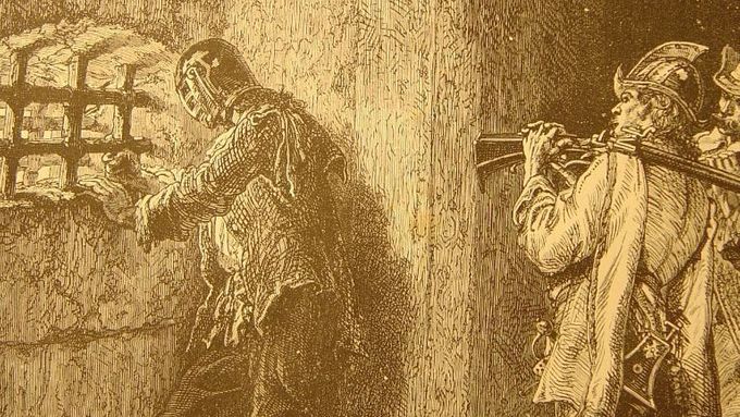 Muž s maskou. Kresba z roku 1872.