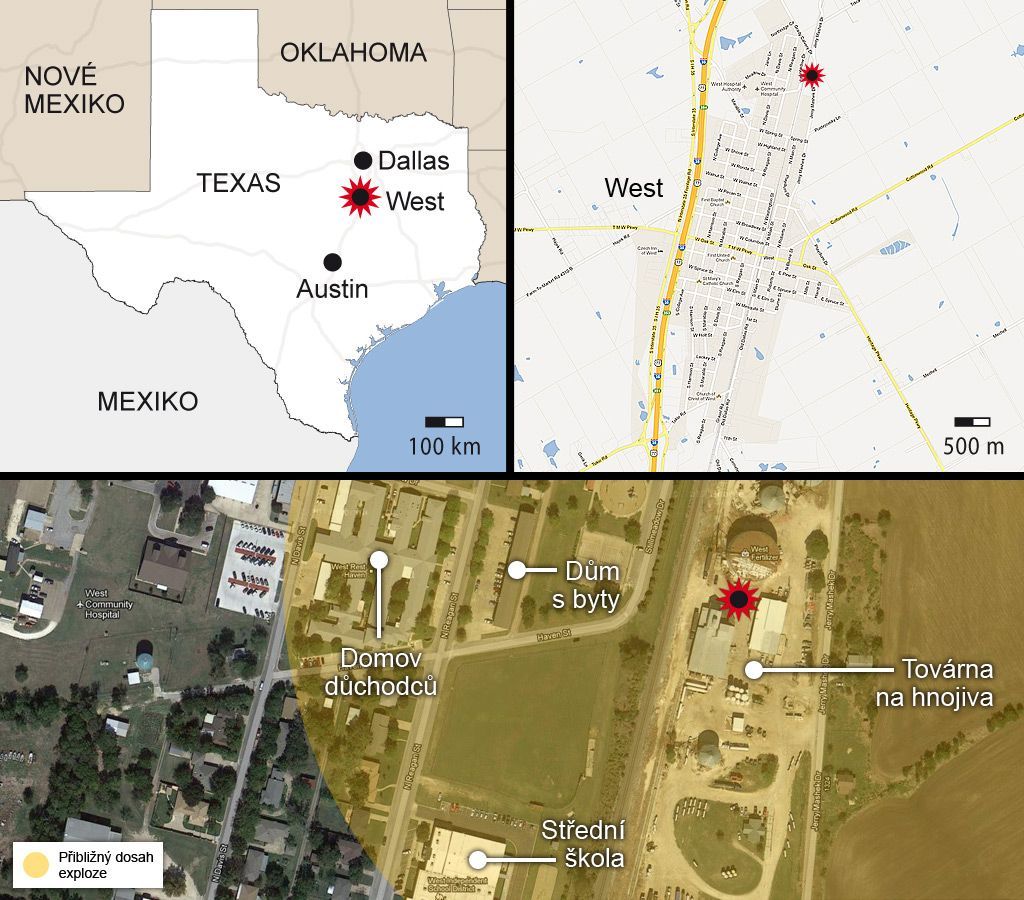 Texas - exploze - mapa