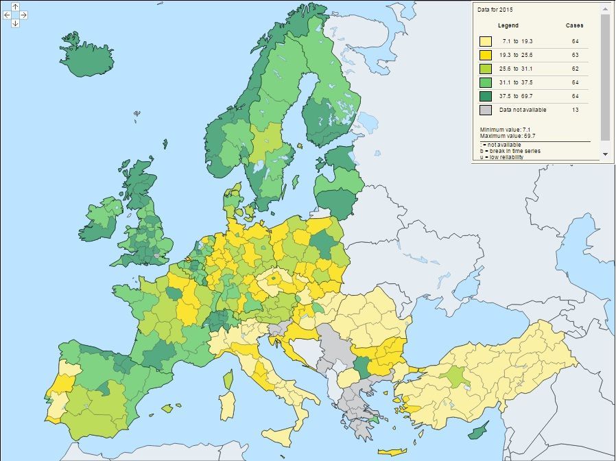 Podíl absolventů v rámci věkové skupiny 25-64 let napříč evropskými zeměmi