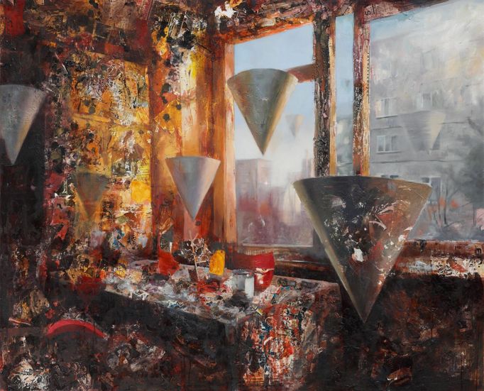 Daniel Pitín: Západní strana, 2023, 140x170cm, olej, akryl, lepený papír, popel a pigmenty v akrylátové směsi na plátně.