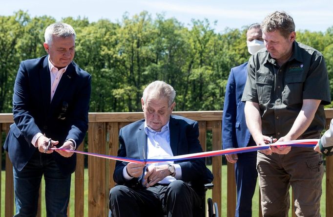 Prezident ČR Miloš Zeman a hradní kancléř Vratislav Mynář na archivním snímku z 3. 6. 2021 u příležitosti otevření pozorovacího místa v oboře Lány.