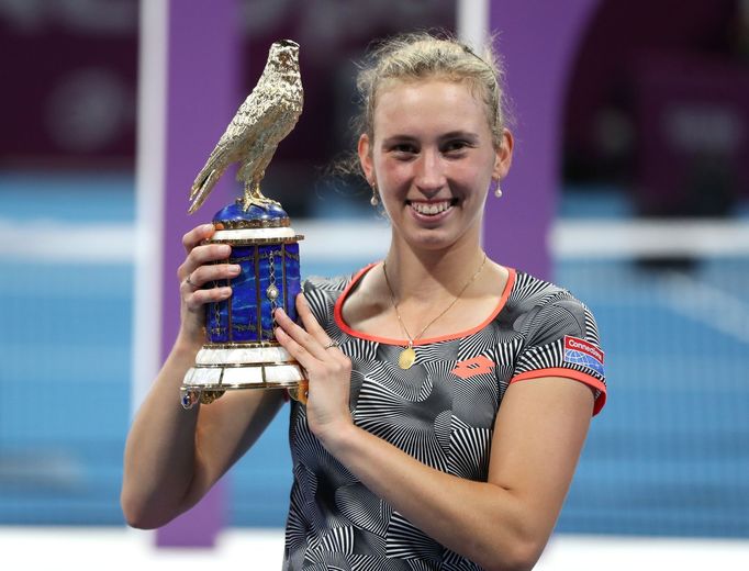 Tennis - WTA Premier 5 - Qatar Open - Khalifa International Tennis and Squash Complex, Doha, Qatar - February 16, 2019   Belgium's Elise Mertens poses with the trophy as