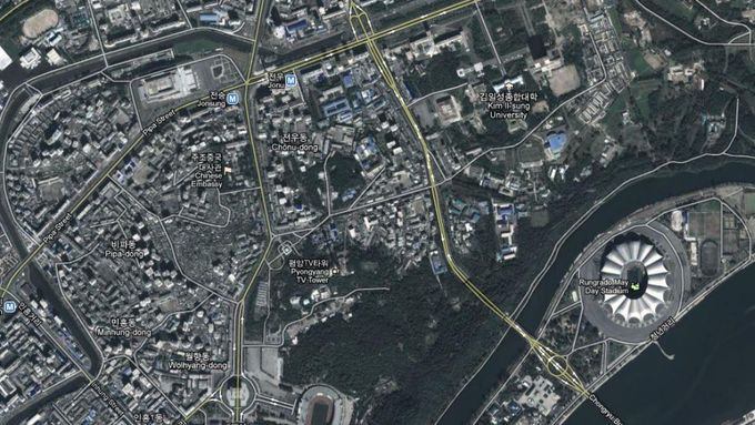 Pchjongjang už je na mapě Googlu vykreslen poměrně podrobně.
