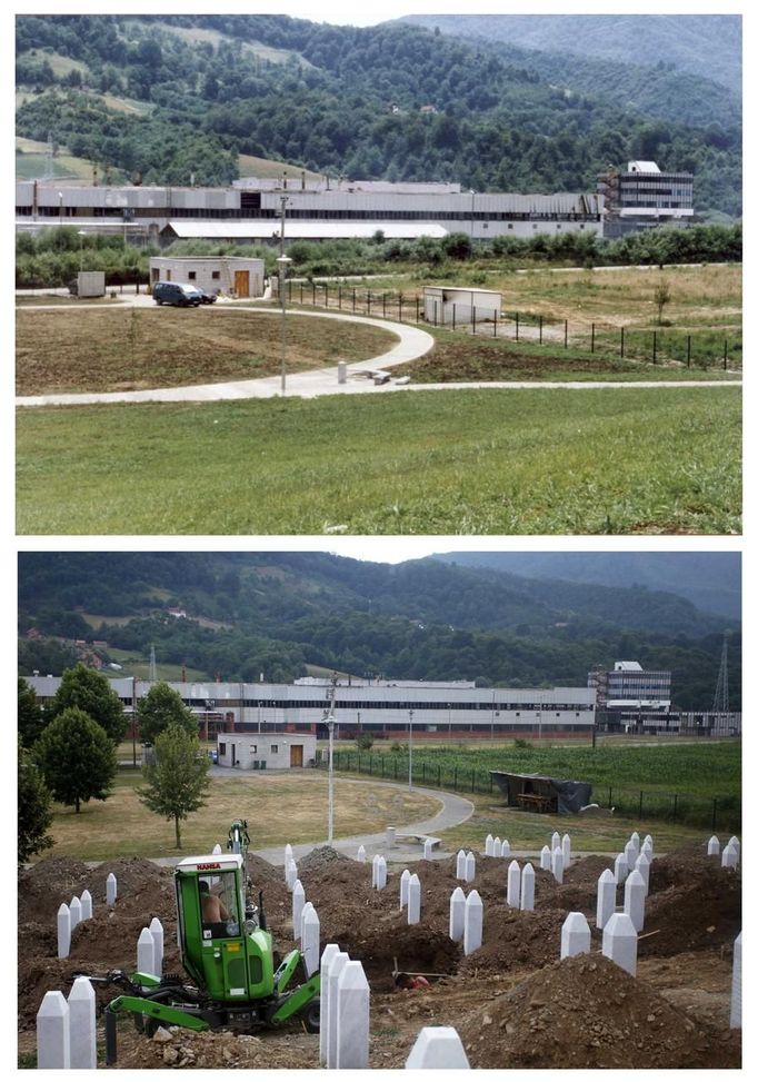 A combination of pictures show the site of the memorial center, in Potocari during the year 2002 (at top) and in 2012 (at bottom) after the Srebrenica massacre near Srebrenica. During the war, Bosnian Serb forces commanded by General Ratko Mladic killed up to 8000 Muslim men and boys in the Srebrenica area. Bosnian Serb army commander Mladic, who personally witnessed the capture of Srebrenica, was arrested in Serbia in May 2011 after 16 years on the run. He is accused of genocide for orchestrating the massacre and for his role in the siege of Bosnia's capital Sarajevo. Some 520 recently discovered Bosnian Muslim victims' remains from the Srebrenica massacre will be buried on July 11 at the Memorial center in Potocari. The International Commission for Missing Persons has so far identified more than 7,000 Srebrenica victims. REUTERS/Staff (BOSNIA AND HERZEGOVINA - Tags: CITYSPACE CIVIL UNREST CRIME LAW CONFLICT) Published: Čec. 9, 2012, 5:12 odp.