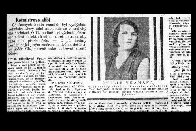 Ukázka dobového článku tisku, kde v němž se psalo o jednom z podezřelých z vraždy Otýlie Vranské, rotmistrovi Josefu Pěkném. Nedatováno (cca 30. 20. století)